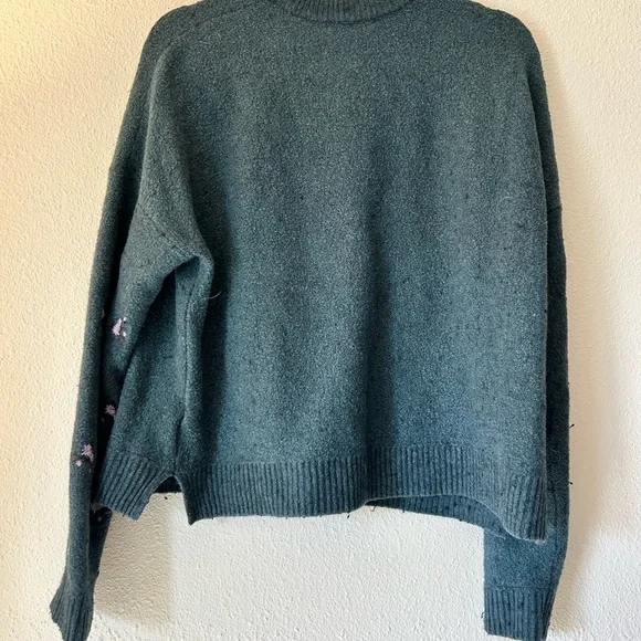 Madewell Teal Bouclé Crewneck Sweater with Pink Floral Stitching - Picture 2 of 4
